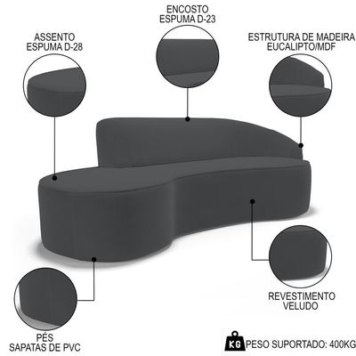 Sofá Living 4 Lugares 300cm Braço Direito Mozart D06 Veludo Cinza - Mpozenato