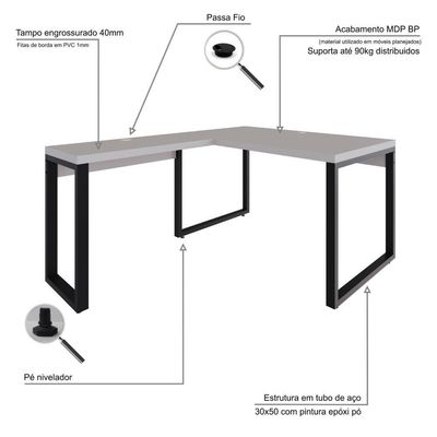 Mesa Em L Operacional 135x160x75cm Yon - Off White-est.preta Off White-est.preta