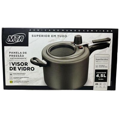Panela de Pressão Antiaderente com Visor Grafite Alumínio 4,5L