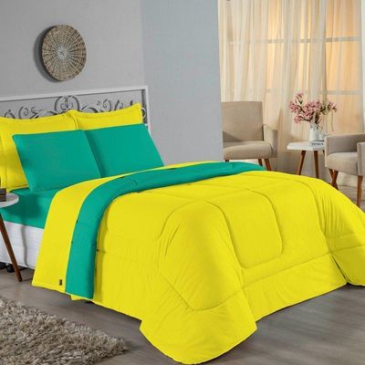 Kit Edredom Dupla Face + Jogo De Lençol Casal Nobre 6 Peças Malha 100% Algodão - Amarelo / Jade