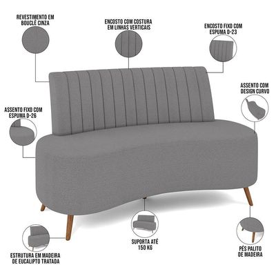 Sofá Chaise Living 2 Lugares 160cm Para Sala Cayman K01 Bouclê Cinza