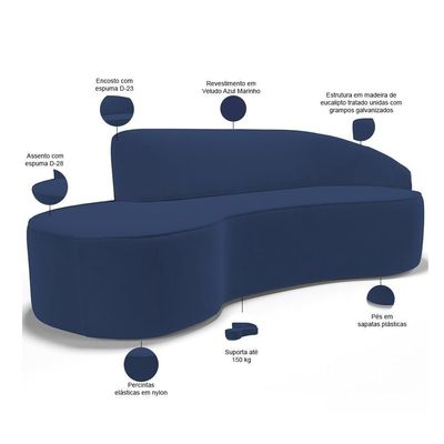 Sofá 5 Lugares Curvo Living Firenze Direito D02 Veludo Azul Marinho 300cm C-304 - Lyam