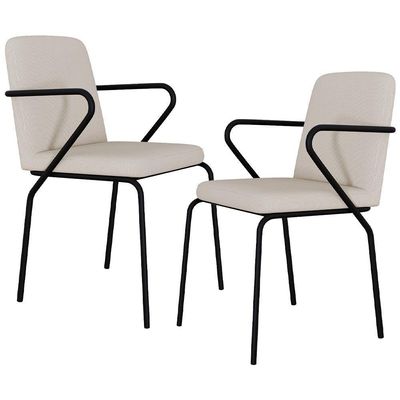 Kit 02 Cadeiras Estofada Para Sala De Jantar Com Braço Loft Preto C01 Linho Areia - Lyam Decor