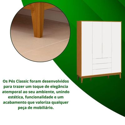 Roupeiro Elfe Classic 4 Portas 3 Classic Gavetas Branco Fosco Com Savana - Moveisaqui