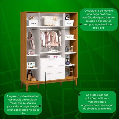 Roupeiro Elfe Classic 4 Portas 3 Classic Gavetas Branco Fosco Com Savana - Moveisaqui