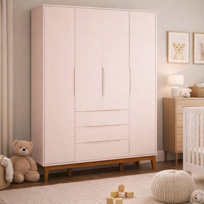 Roupeiro Elfe Classic 4 Portas 3 Gavetas Rosa Fosco - Moveisaqui