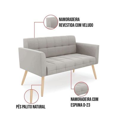 Kit 1 Sofá Namoradeira E 2 Poltronas Elisa Veludo Pés Palito Natural - D'rossi Cor Cinza