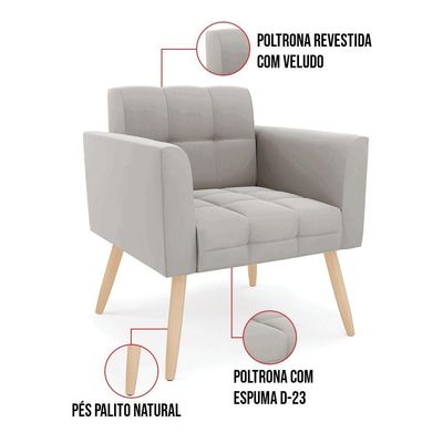 Kit 1 Sofá Namoradeira E 2 Poltronas Elisa Veludo Pés Palito Natural - D'rossi Cor Cinza