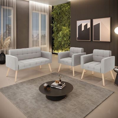 Kit 1 Sofá Namoradeira E 2 Poltronas Elisa Veludo Pés Palito Natural - D'rossi Cor Cinza