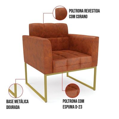 Kit 1 Sofá Namoradeira E 2 Poltronas Elisa Corano Nozes Base Metálica Industrial Dourado - D'rossi