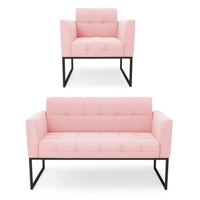 Kit 1 Sofá Namoradeira E 1 Poltrona Suede Base Metálica Industrial Preto - D'rossi Cor Rosa Bebê