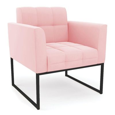 Kit 1 Sofá Namoradeira E 1 Poltrona Suede Base Metálica Industrial Preto - D'rossi Cor Rosa Bebê