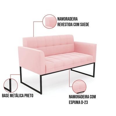 Kit 1 Sofá Namoradeira E 1 Poltrona Suede Base Metálica Industrial Preto - D'rossi Cor Rosa Bebê