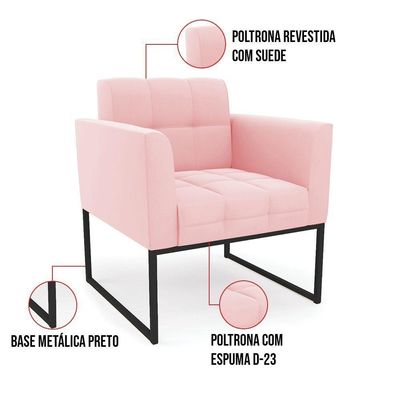 Kit 1 Sofá Namoradeira E 1 Poltrona Suede Base Metálica Industrial Preto - D'rossi Cor Rosa Bebê