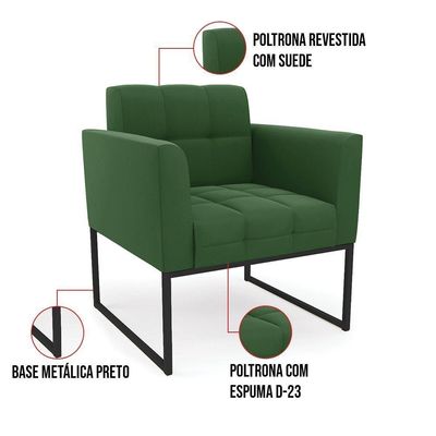 Kit 1 Sofá Namoradeira E 1 Poltrona Elisa Suede Base Metálica Industrial Preto - D'rossi Cor Verde