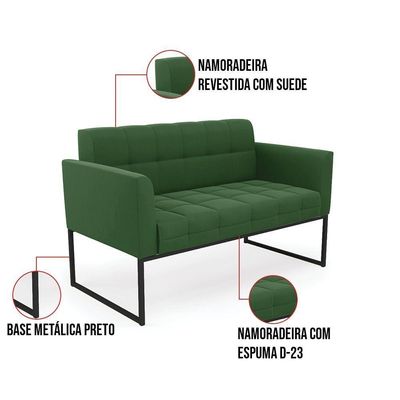 Kit 1 Sofá Namoradeira E 1 Poltrona Elisa Suede Base Metálica Industrial Preto - D'rossi Cor Verde