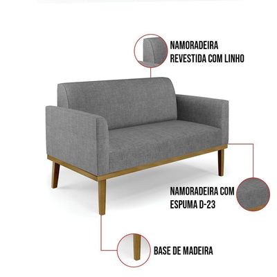 Sofá Namoradeira Com Poltrona Base De Madeira Fixa Castanho Marisa Linho Grafite A26 D03 - D?rossi