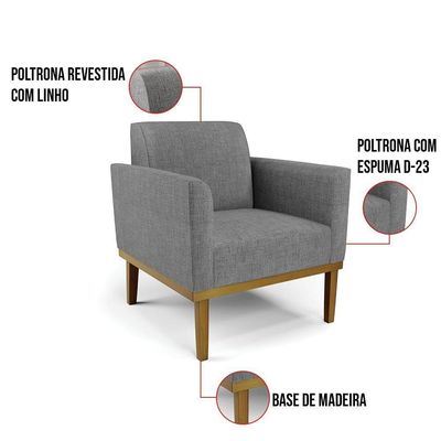 Sofá Namoradeira Com Poltrona Base De Madeira Fixa Castanho Marisa Linho Grafite A26 D03 - D?rossi