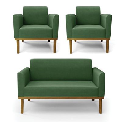 Sofá Namoradeira Com 2 Poltronas Base De Madeira Fixa Castanho Marisa Suede D03 - D?rossi Cor Verde
