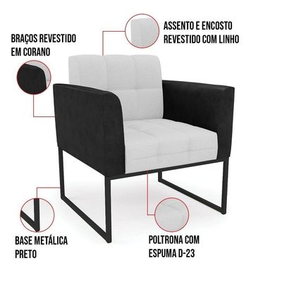 Sofá Namoradeira E Poltrona Base Industrial Preto Elisa Preto-linho Cinza A05 D03 - D'rossi