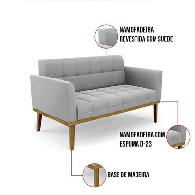 Namoradeira Com Poltrona Base De Madeira Castanho Elisa Suede Cinza D03 - D'rossi