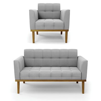 Namoradeira Com Poltrona Base De Madeira Castanho Elisa Suede Cinza D03 - D'rossi