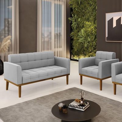 Namoradeira Com Poltrona Base De Madeira Castanho Elisa Suede Cinza D03 - D'rossi