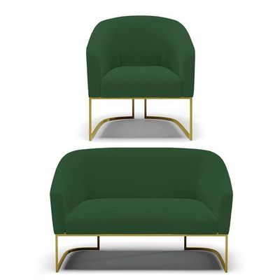 Sofá Namoradeira E Poltrona Base Industrial Dourado Stella Veludo D03 - D'rossi Cor Verde