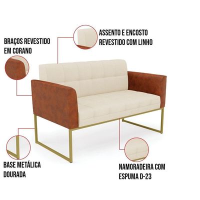 Sofá Namoradeira E Poltrona Base Industrial Dourado Elisa Nozes-linho Bege A19 D03 - D'rossi