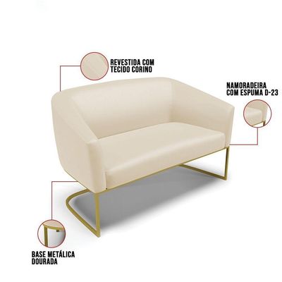 Sofá Namoradeira 2 Lugares Base Industrial Dourado Stella Corino Bege D03 - D'rossi
