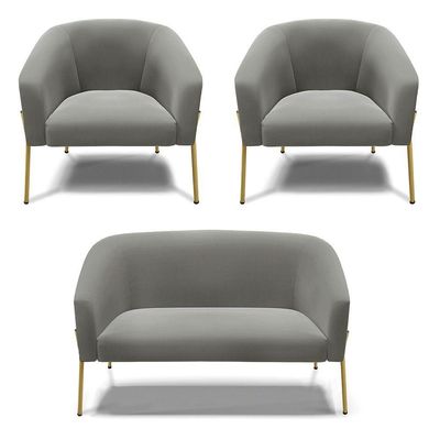 Sofá Namoradeira E 2 Poltronas Pé De Ferro Dourado Stella Suede D03 - D'rossi Cor Grafite