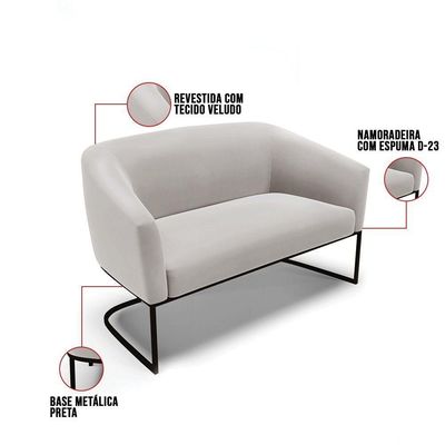 Sofá Namoradeira E Poltrona Base Industrial Preto Stella Veludo D03 - D'rossi Cor Cinza