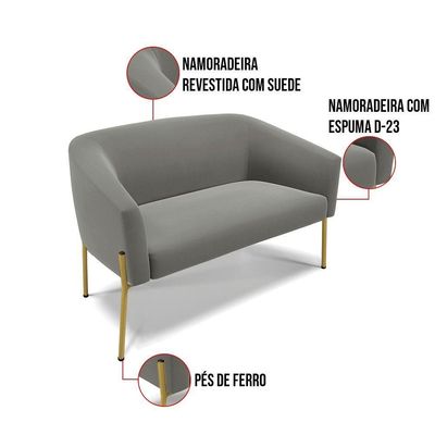 Sofá Namoradeira E 2 Poltronas Pé De Ferro Dourado Stella Suede D03 - D'rossi Cor Grafite