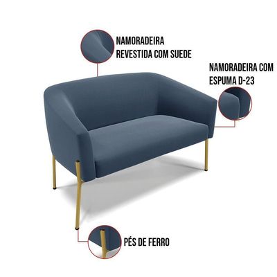 Sofá Namoradeira 2 Lugares Pé De Ferro Dourado Stella Suede Azul Marinho D03 - D'rossi