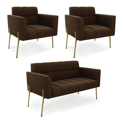Sofá Namoradeira E 2 Poltronas Pé De Ferro Dourado Elisa Suede D03 - D'rossi Cor Marrom