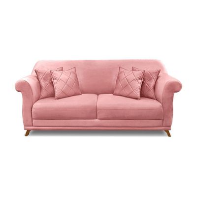 Sofá 3 Lugares Pé De Madeira Julieta 220 Cm Veludo Rosa S04 - D'rossi