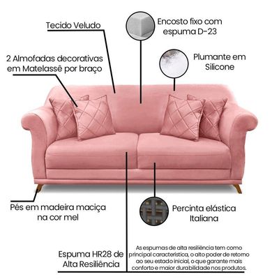 Sofá 3 Lugares Pé De Madeira Julieta 220 Cm Veludo Rosa S04 - D'rossi