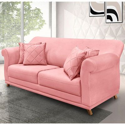 Sofá 3 Lugares Pé De Madeira Julieta 220 Cm Veludo Rosa S04 - D'rossi