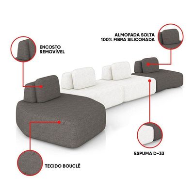 Sofá 4 Lugares Orgânico Com Chaise E 3 Módulos Berlim Bouclê Grafite-off White K01 - D'rossi