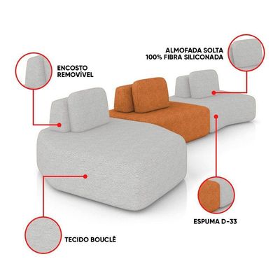 Sofá 3 Lugares Orgânico Com Chaise E 2 Módulos Berlim Bouclê Cz K01 - D'rossi Cinza Claro-caramelo