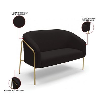 Sofá 2 Lugares Namoradeira Stella Base Industrial Alta Dourada Suede D03 - D'rossi Preto