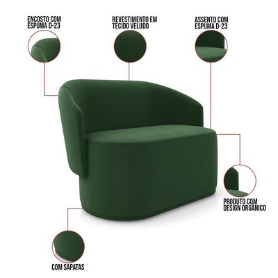 Sofá Namoradeira E Poltrona Orgânica Para Sala Malu Veludo M11 - D'rossi Verde