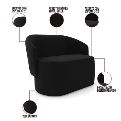 Sofá Namoradeira E 2 Poltronas Orgânica Para Sala Malu Suede Preto M11 - D'rossi