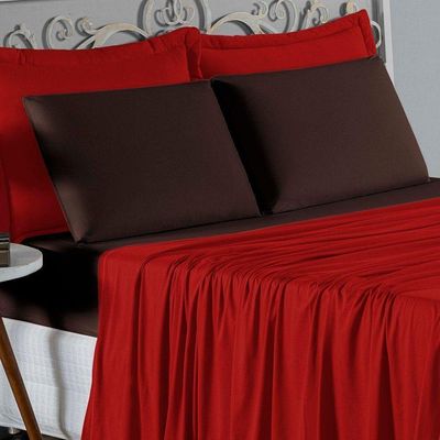 Jogo De Cama Casal Viúva Nobre 4 Peças Malha 100% Algodão - Vermelho / Marrom