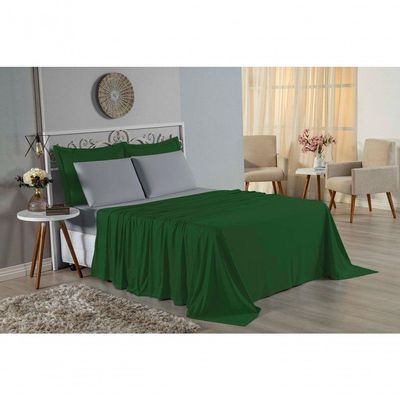 Jogo De Cama King Nobre 4 Peças Lençol Com Elástico De 30cm De Altura Malha 100% Algodão - Verde-bandeira / Cinza