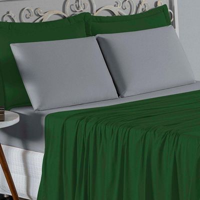 Jogo De Cama King Nobre 4 Peças Lençol Com Elástico De 30cm De Altura Malha 100% Algodão - Verde-bandeira / Cinza
