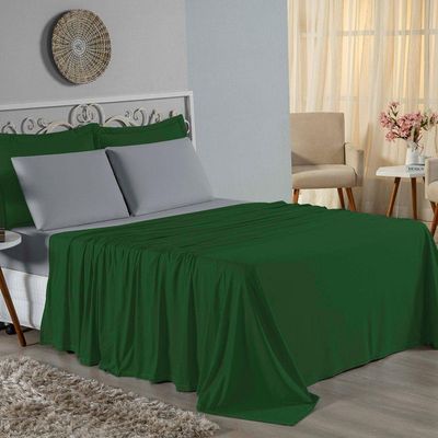 Jogo De Cama King Nobre 4 Peças Lençol Com Elástico De 30cm De Altura Malha 100% Algodão - Verde-bandeira / Cinza