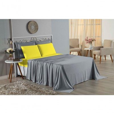 Jogo De Cama Queen Nobre 4 Peças Lençol Com Elástico De 30cm De Altura Malha 100% Algodão - Cinza / Amarelo