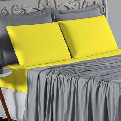 Jogo De Cama Queen Nobre 4 Peças Lençol Com Elástico De 30cm De Altura Malha 100% Algodão - Cinza / Amarelo