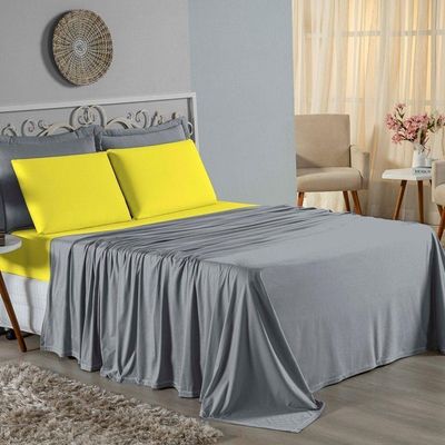 Jogo De Cama Queen Nobre 4 Peças Lençol Com Elástico De 30cm De Altura Malha 100% Algodão - Cinza / Amarelo